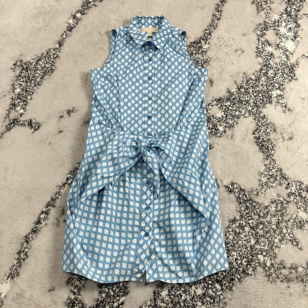 Michael Michael Kors Blue White Print Sleeveless Shirt Dress‎ Size 2 Tie Waist